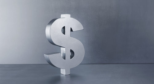 3D dollar sign rendered on a silver background