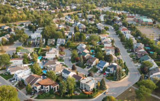 aerial of a cul de sac in a residential neighborhood.