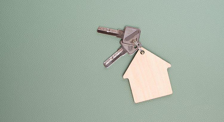 Keychain in form house with keys on green background